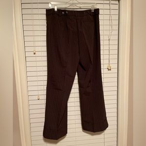 Brown pinstriped bootcut dress pants with cuffed hem